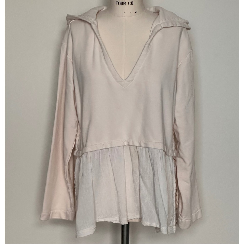 Urban‎ Outfitters Cream Hoodie Peplum Tiered Ruffle Hem V Neck Long Sleeve M